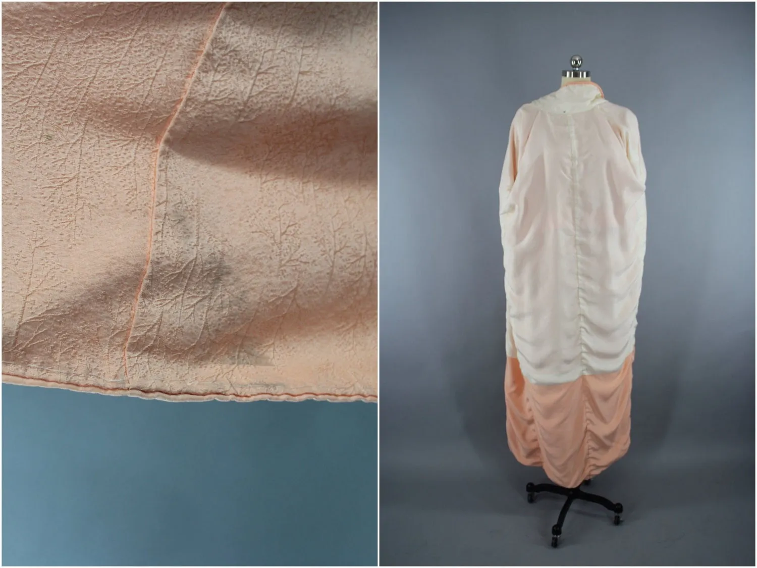 1950s Vintage Silk Kimono Robe in Pastel Peach with Woven Trees