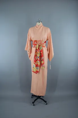 1950s Vintage Silk Kimono Robe in Pastel Peach with Woven Trees