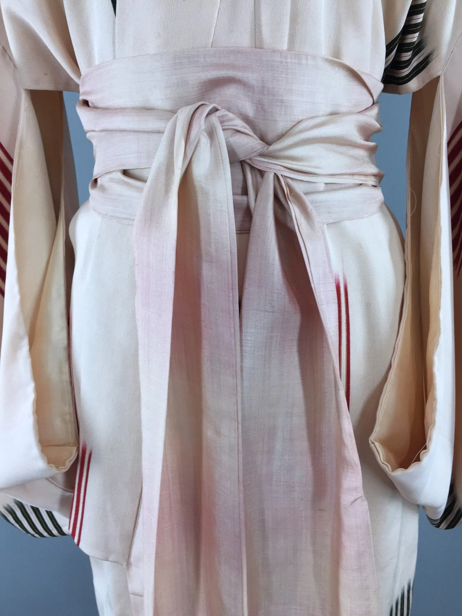 1950s Vintage Silk Kimono Robe / Peach Red Abstract Stripes