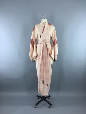 1950s Vintage Silk Kimono Robe / Peach Red Abstract Stripes