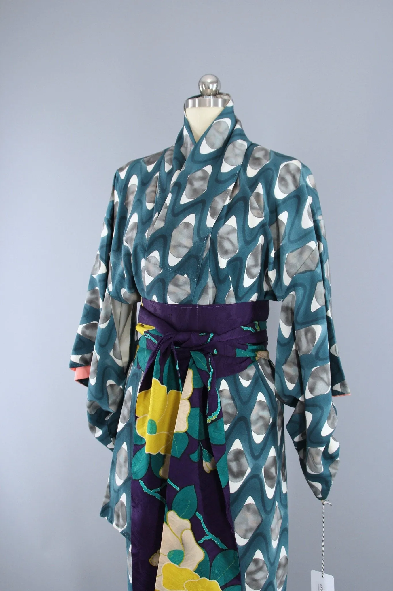 1950s Vintage Silk Kimono Robe / Teal Blue Green