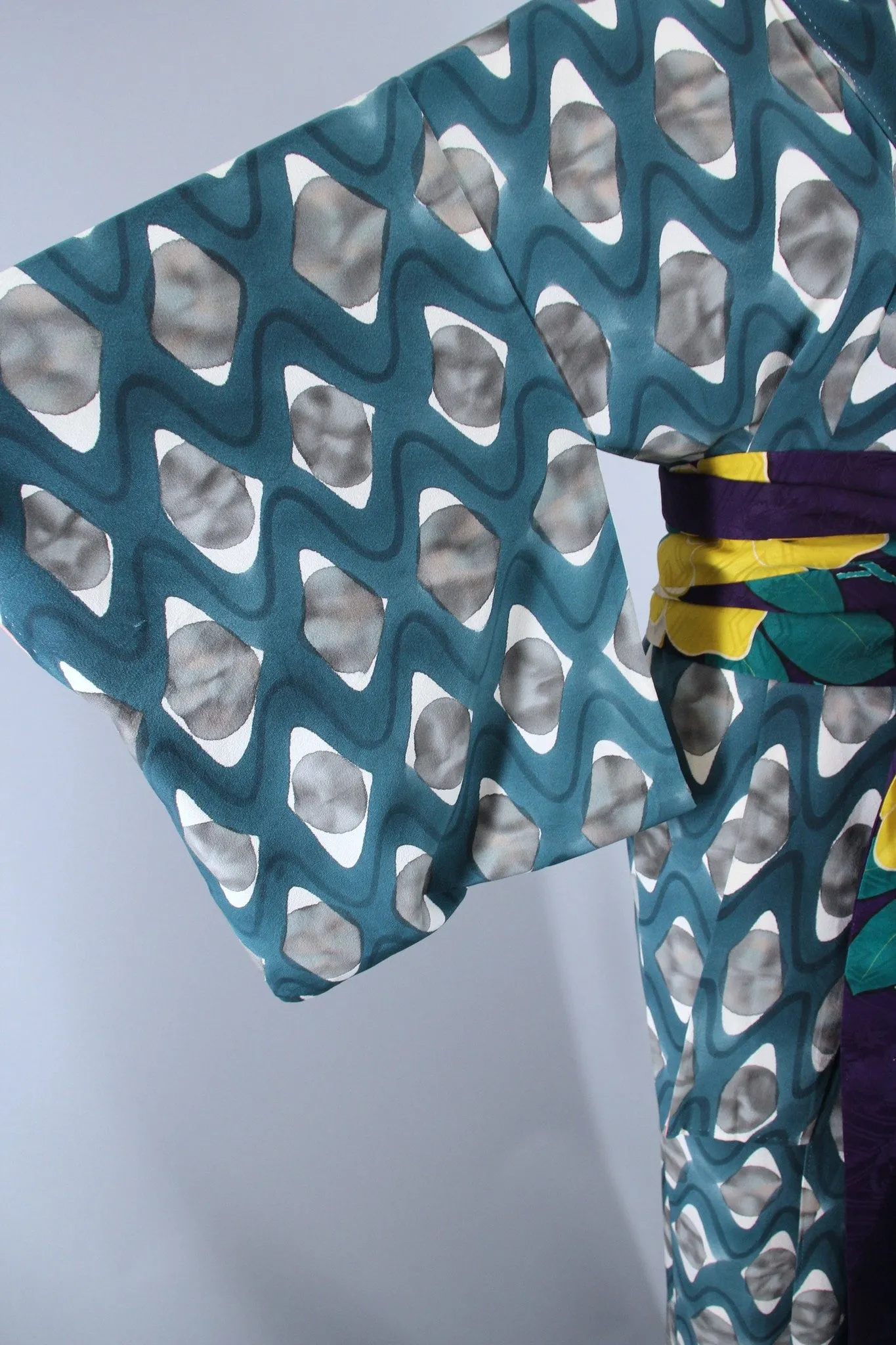 1950s Vintage Silk Kimono Robe / Teal Blue Green