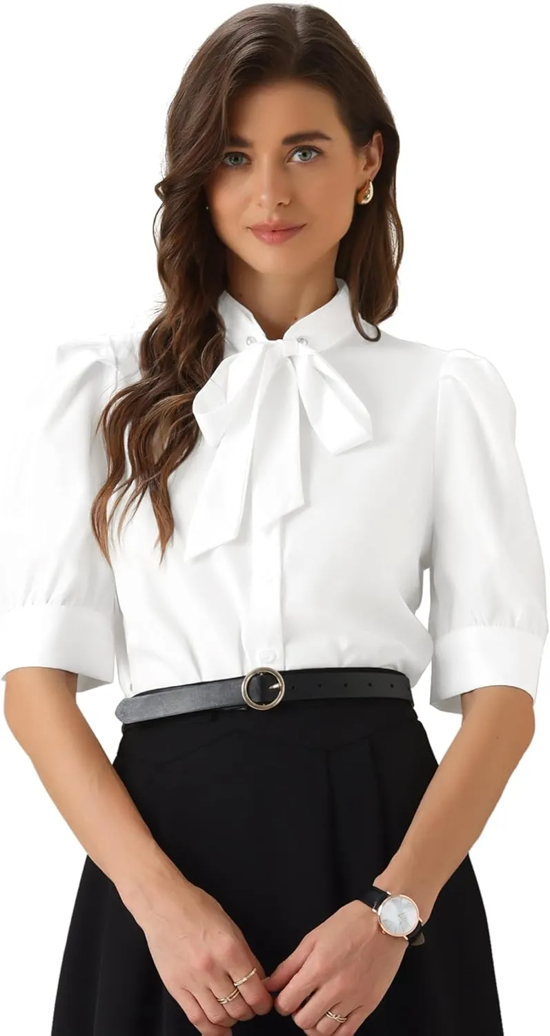 Allegra K Work Bodysuit Tops for Women's Tie Neck Button Down Short Sleeve Blouse