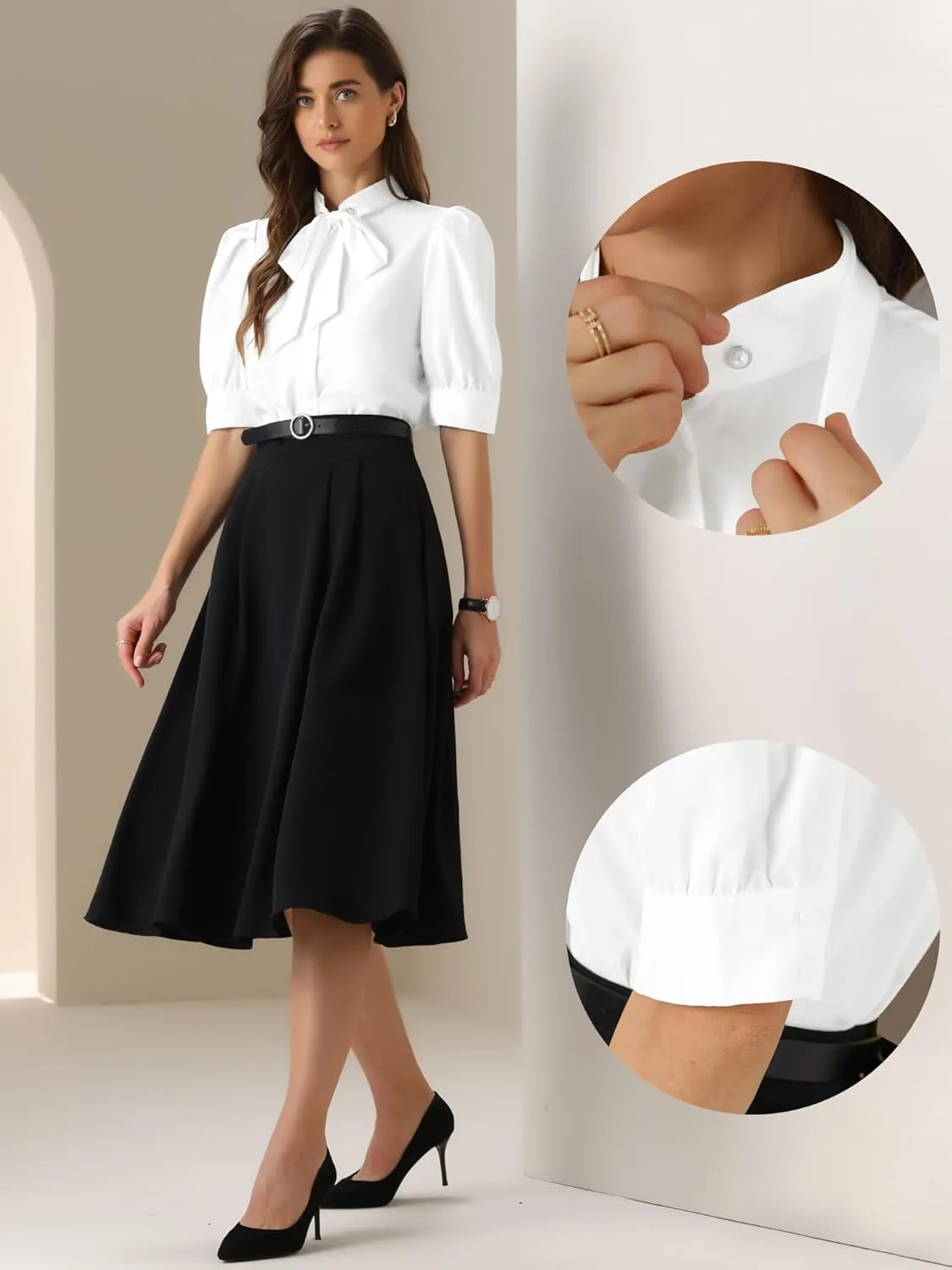 Allegra K Work Bodysuit Tops for Women's Tie Neck Button Down Short Sleeve Blouse