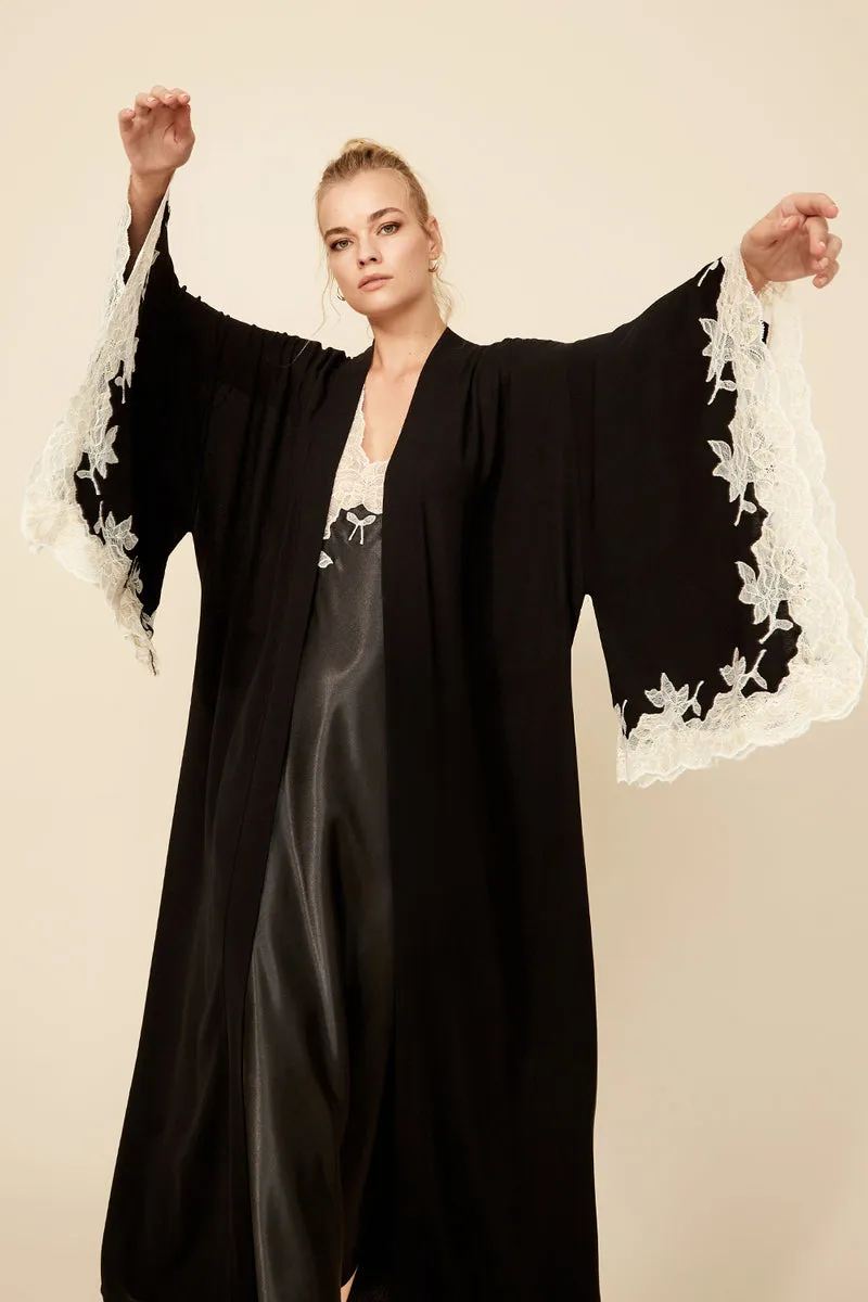 ANASTASIA LONG BLACK WITH GOLD LACE KIMONO SET