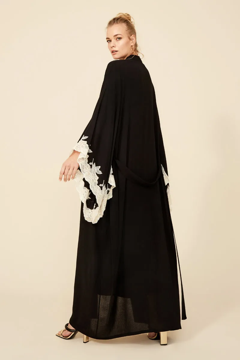 ANASTASIA LONG BLACK WITH GOLD LACE KIMONO SET