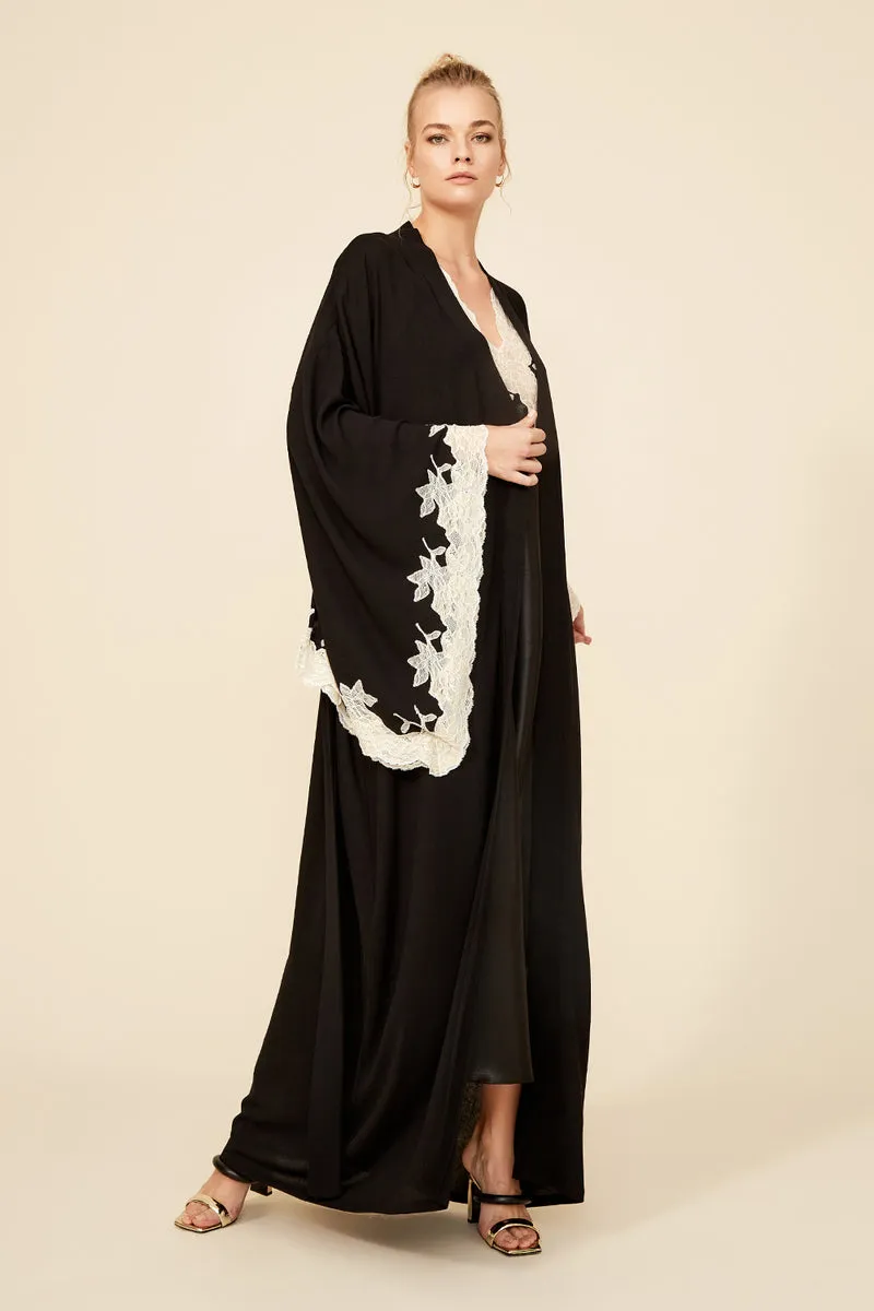 ANASTASIA LONG BLACK WITH GOLD LACE KIMONO SET