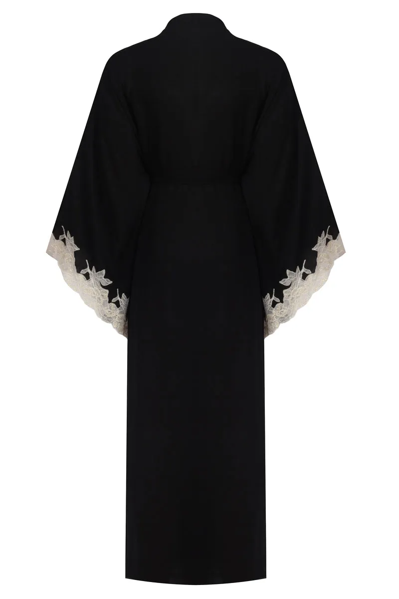 ANASTASIA LONG BLACK WITH GOLD LACE KIMONO SET