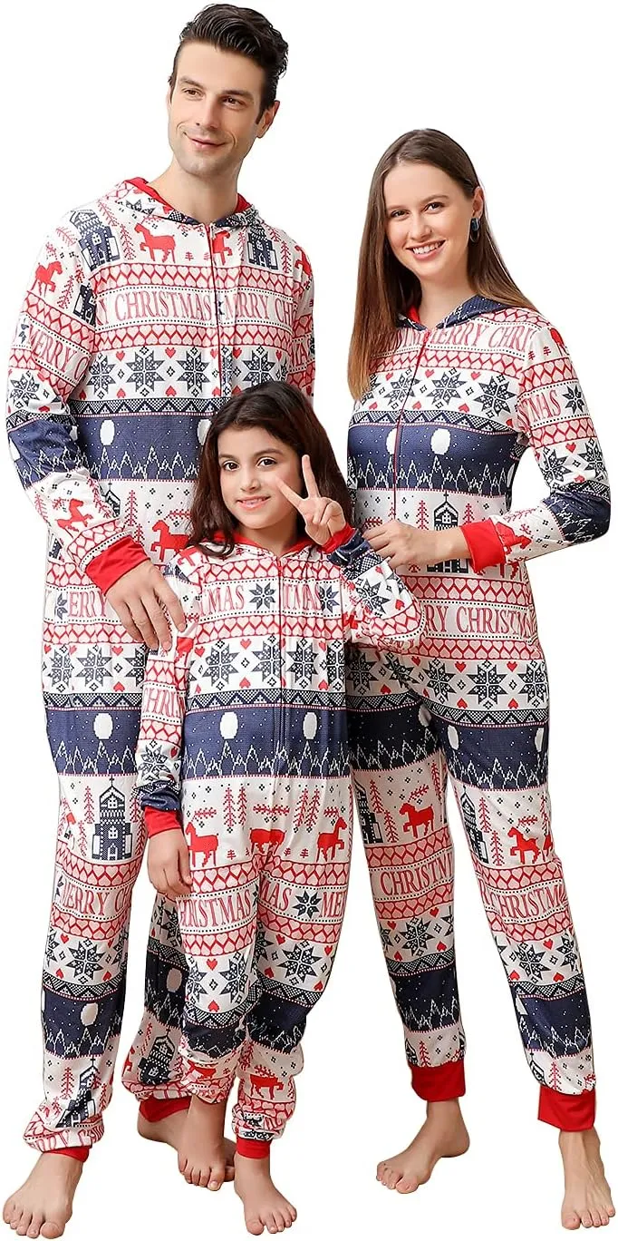 ANGELGGH Family Matching Christmas Onesie Pajamas, Vacation Cute Printed One Piece Pajamas, Xmas Hooded Holiday Sleepwear