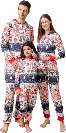 ANGELGGH Family Matching Christmas Onesie Pajamas, Vacation Cute Printed One Piece Pajamas, Xmas Hooded Holiday Sleepwear