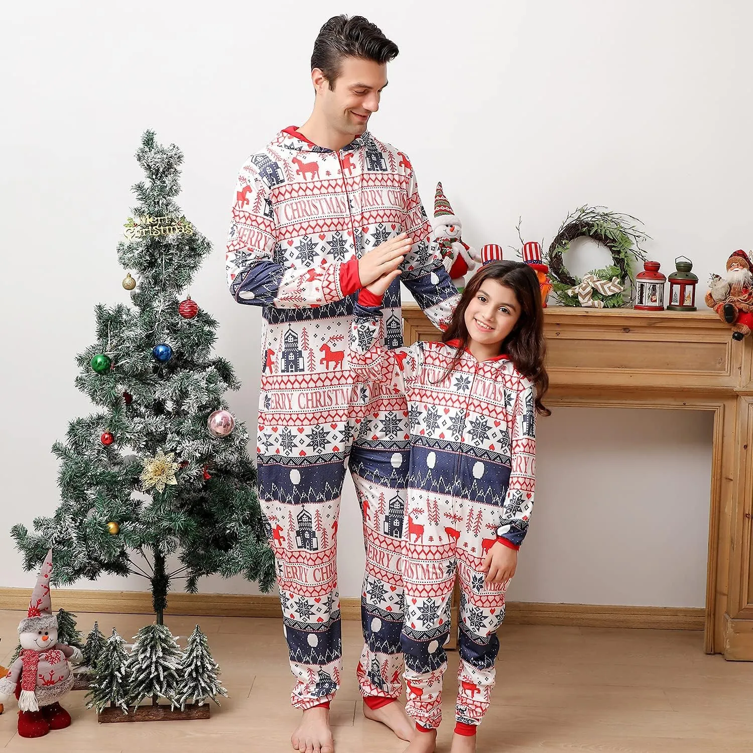 ANGELGGH Family Matching Christmas Onesie Pajamas, Vacation Cute Printed One Piece Pajamas, Xmas Hooded Holiday Sleepwear