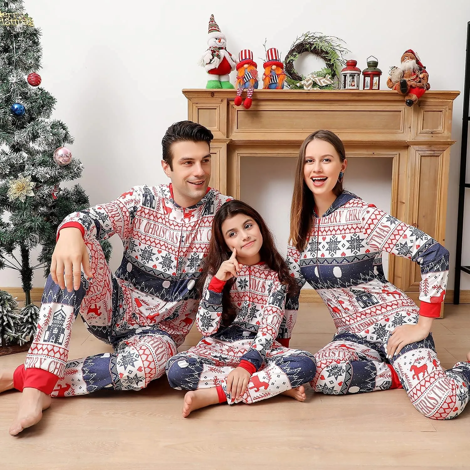 ANGELGGH Family Matching Christmas Onesie Pajamas, Vacation Cute Printed One Piece Pajamas, Xmas Hooded Holiday Sleepwear