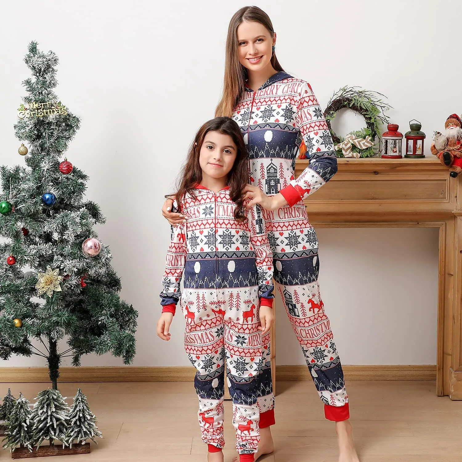 ANGELGGH Family Matching Christmas Onesie Pajamas, Vacation Cute Printed One Piece Pajamas, Xmas Hooded Holiday Sleepwear