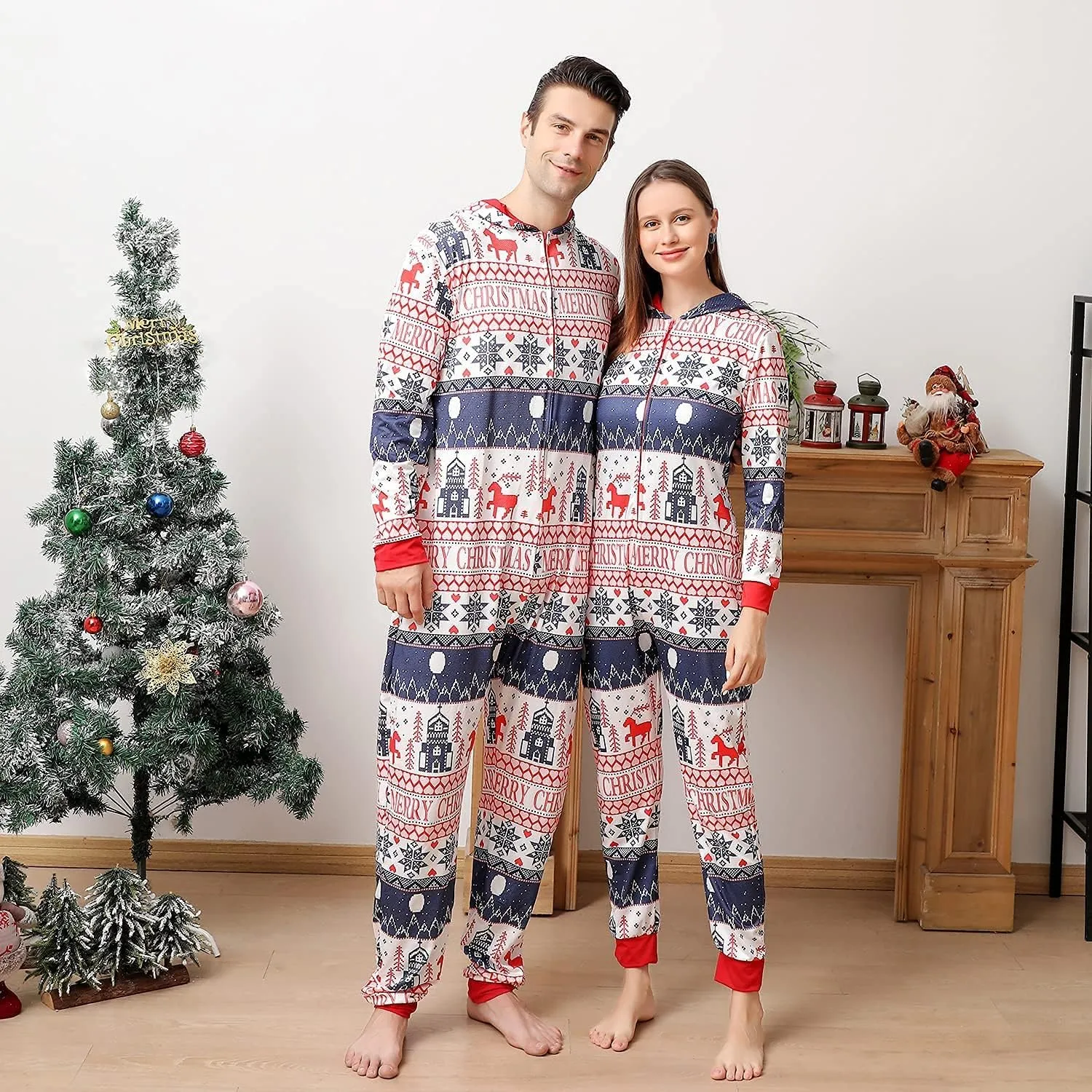 ANGELGGH Family Matching Christmas Onesie Pajamas, Vacation Cute Printed One Piece Pajamas, Xmas Hooded Holiday Sleepwear