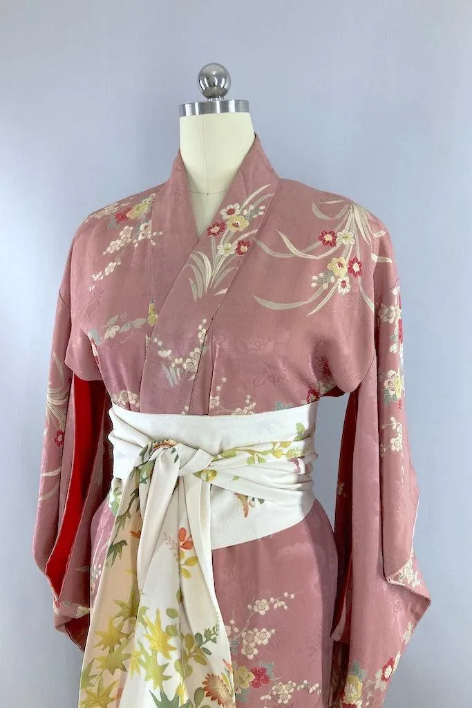 Antique 1920s Mauve Pink Silk Kimono Robe
