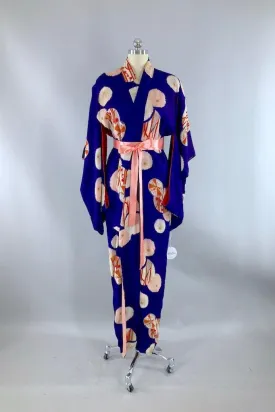 Antique Purple Flowers & Feathers Silk Kimono