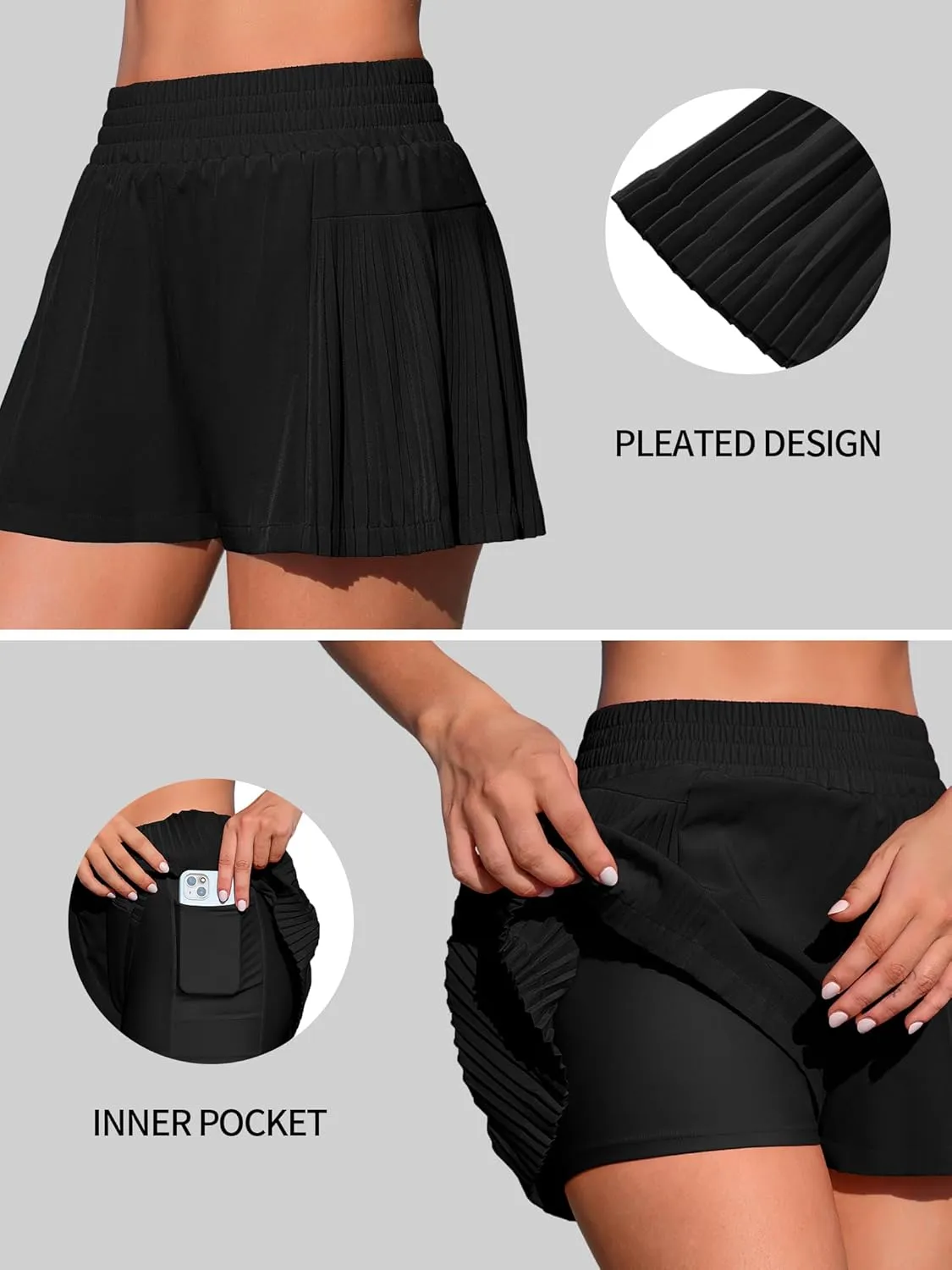 ATTRACO Women's 3" High Waisted Swim Board Shorts Pleated Summer Beach Shorts with Pockets