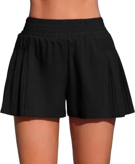 ATTRACO Women's 3" High Waisted Swim Board Shorts Pleated Summer Beach Shorts with Pockets