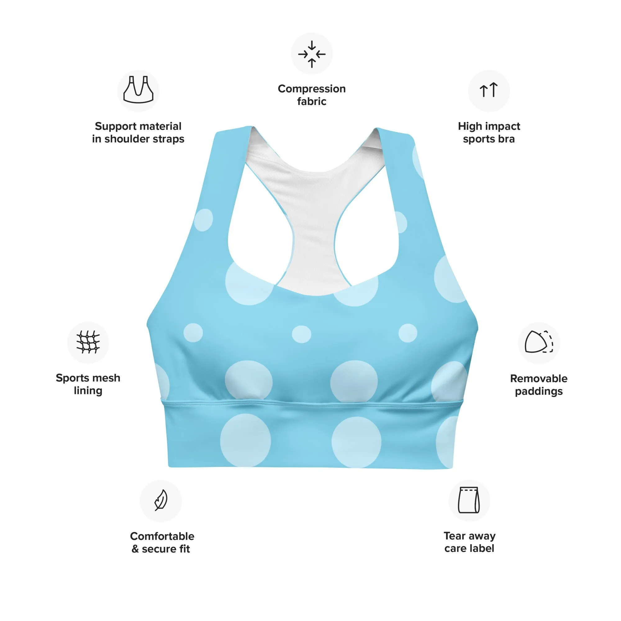 Baby Blue Polka Dots Sports Bra, Fitness Bra lioness-love