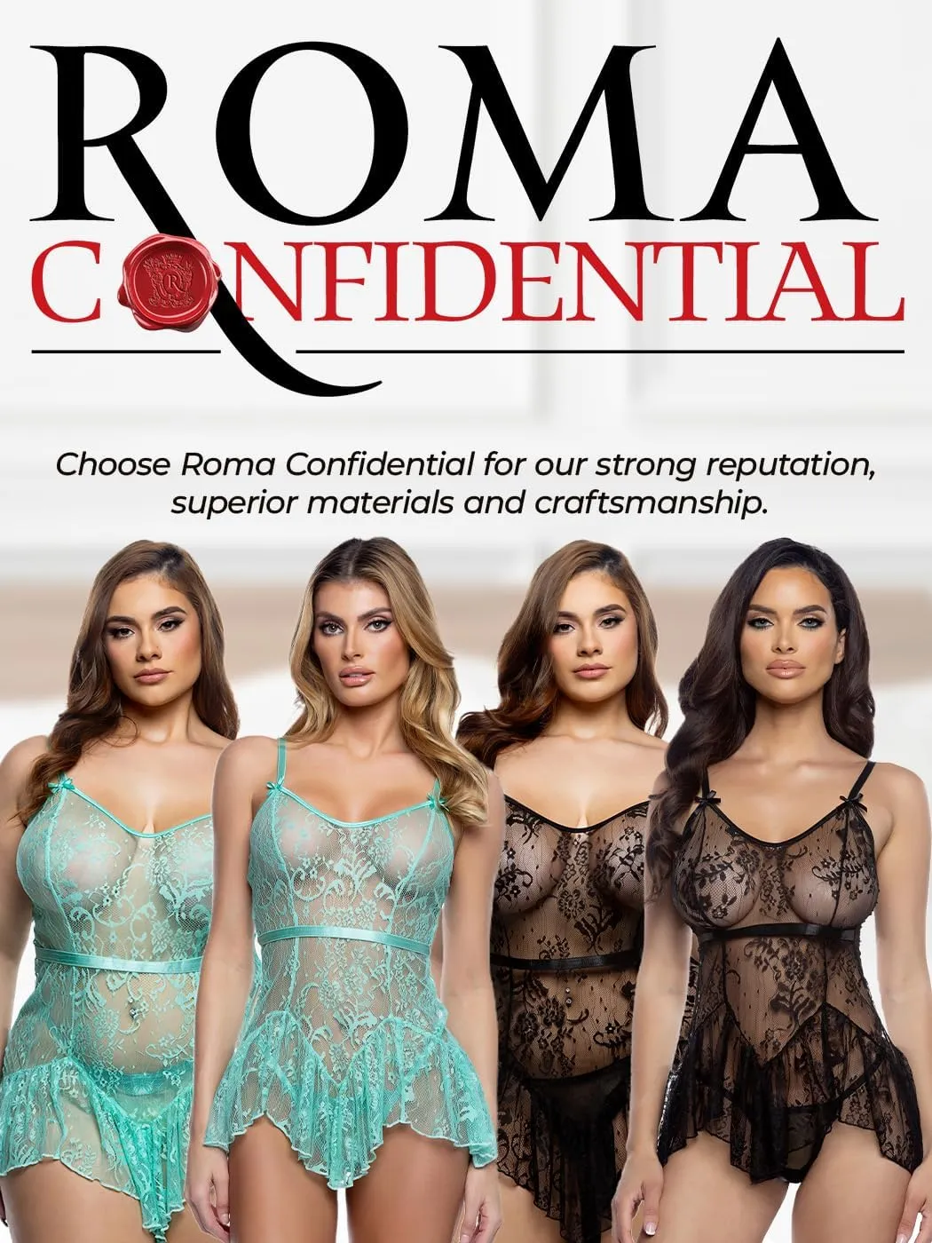 Babydoll Lingerie for Women | Roma Confidential Midnight Kiss Slip Sexy Baby Doll Set, Lace Lingerie Dress, Chemise, Negligee