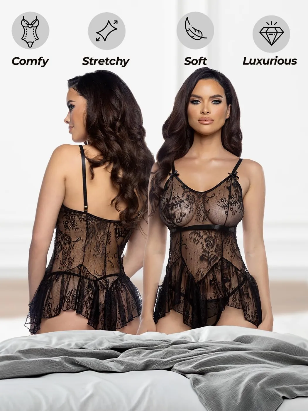 Babydoll Lingerie for Women | Roma Confidential Midnight Kiss Slip Sexy Baby Doll Set, Lace Lingerie Dress, Chemise, Negligee