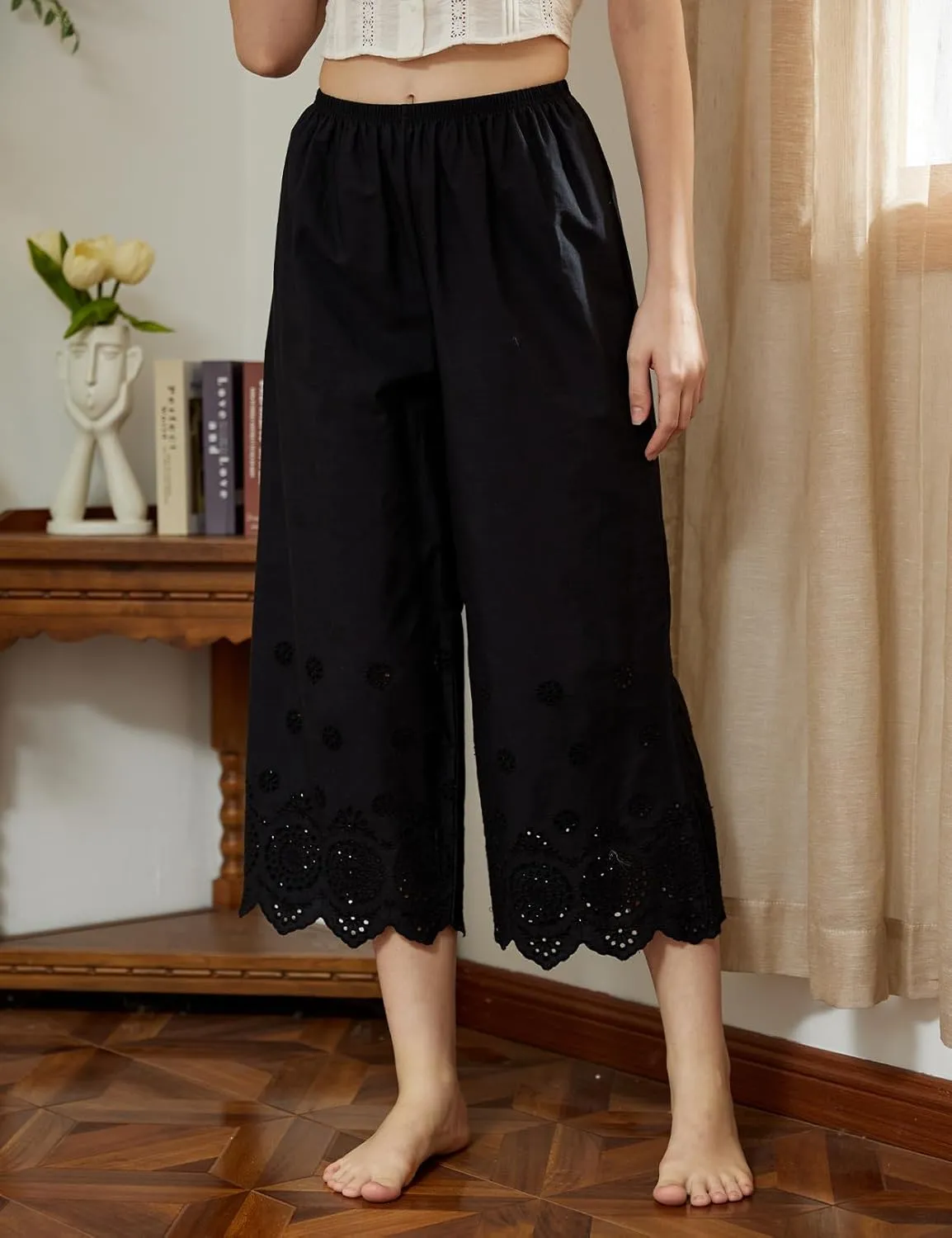 BEAUTELICATE Vintage Cotton Shorts Pettipants Culotte Slip Cropped Sleepwear Pants with Lace Edge