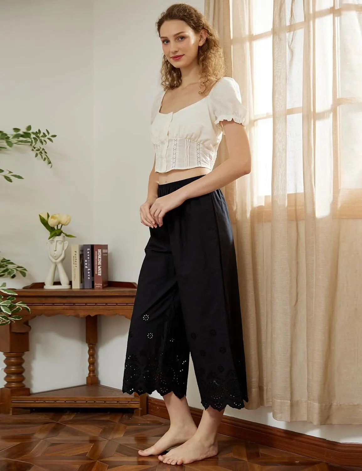 BEAUTELICATE Vintage Cotton Shorts Pettipants Culotte Slip Cropped Sleepwear Pants with Lace Edge