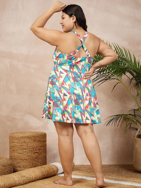 Berrylush Women Plus Size Multicolour Geometric Printed Round Neck Sleeveless Flared Mini Swim Dress