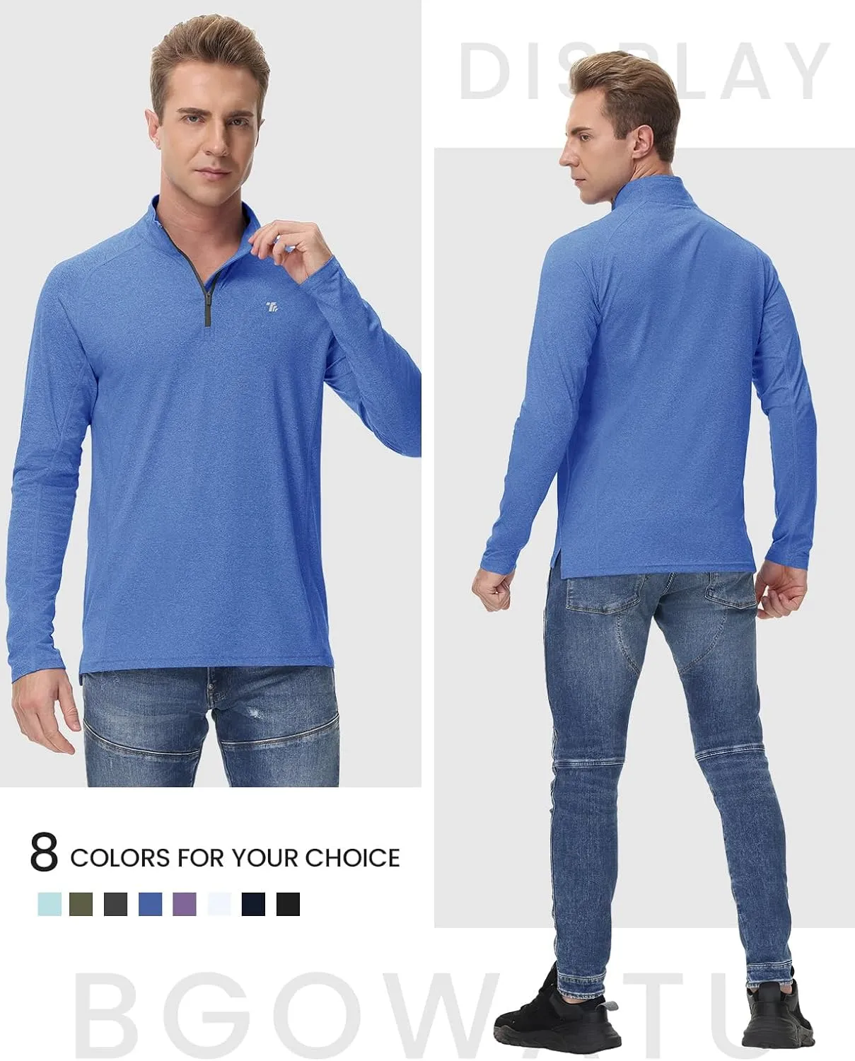 BGOWATU Men's Quarter Zip Pullover Long Sleeve Polo Shirts UPF 50 Quick Dry Golf Shirt