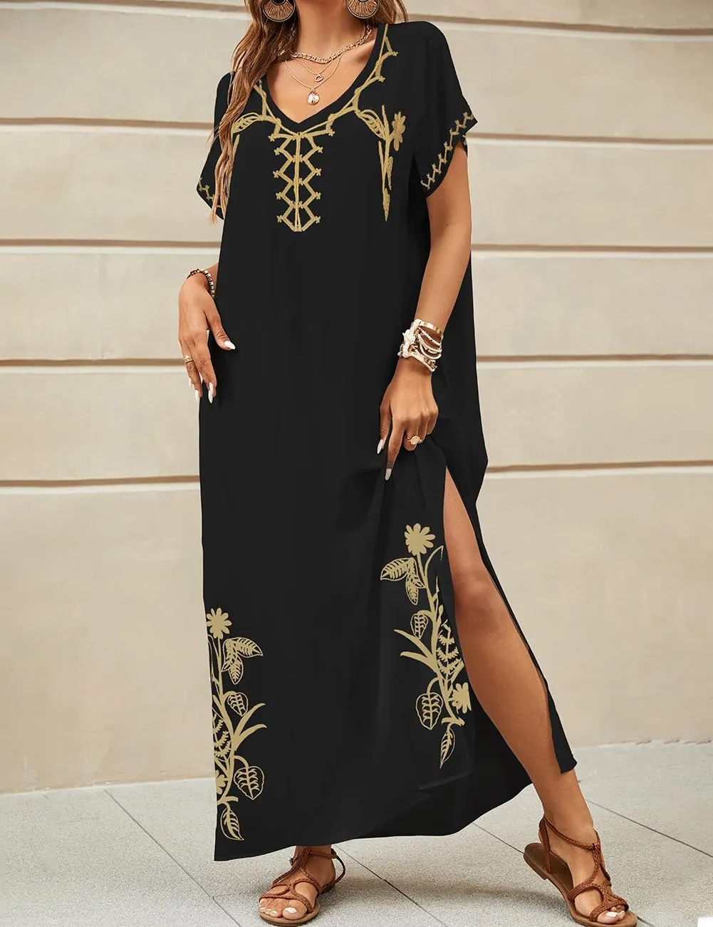 Bsubseach Kaftan Dresses for Women Swimsuit Coverup Beach Caftans Cover Ups for Swimwear Loungewear Floral Embroidery