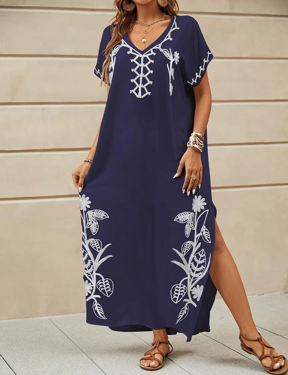 Bsubseach Kaftan Dresses for Women Swimsuit Coverup Beach Caftans Cover Ups for Swimwear Loungewear Floral Embroidery