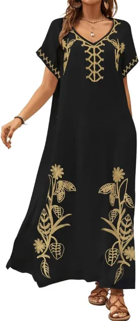 Bsubseach Kaftan Dresses for Women Swimsuit Coverup Beach Caftans Cover Ups for Swimwear Loungewear Floral Embroidery