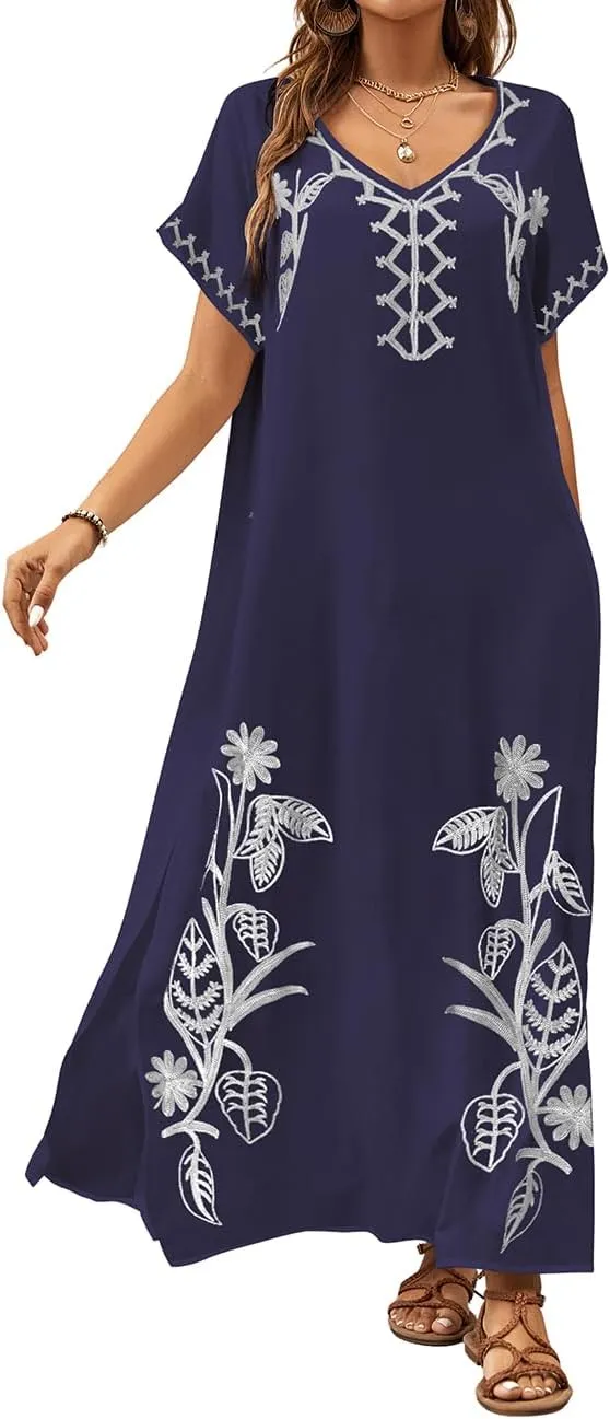 Bsubseach Kaftan Dresses for Women Swimsuit Coverup Beach Caftans Cover Ups for Swimwear Loungewear Floral Embroidery