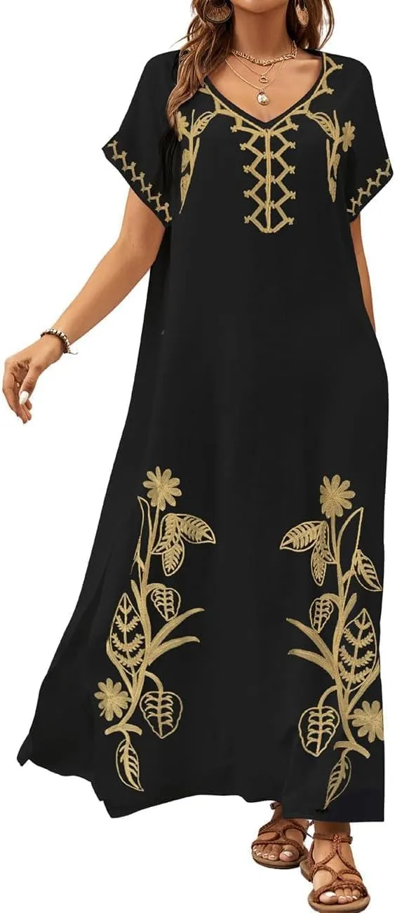Bsubseach Kaftan Dresses for Women Swimsuit Coverup Beach Caftans Cover Ups for Swimwear Loungewear Floral Embroidery
