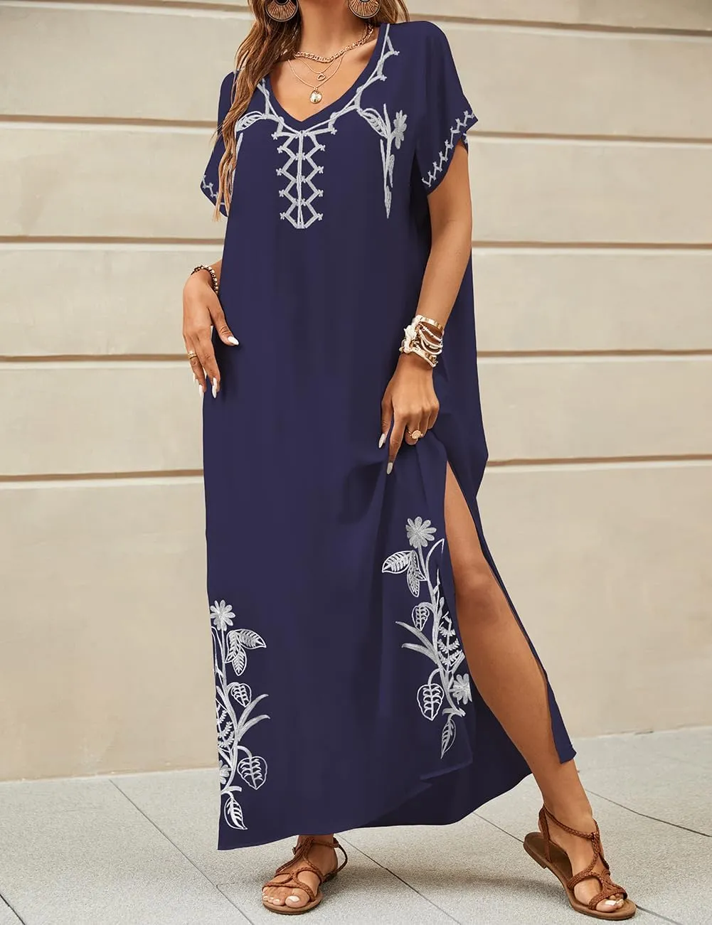 Bsubseach Kaftan Dresses for Women Swimsuit Coverup Beach Caftans Cover Ups for Swimwear Loungewear Floral Embroidery