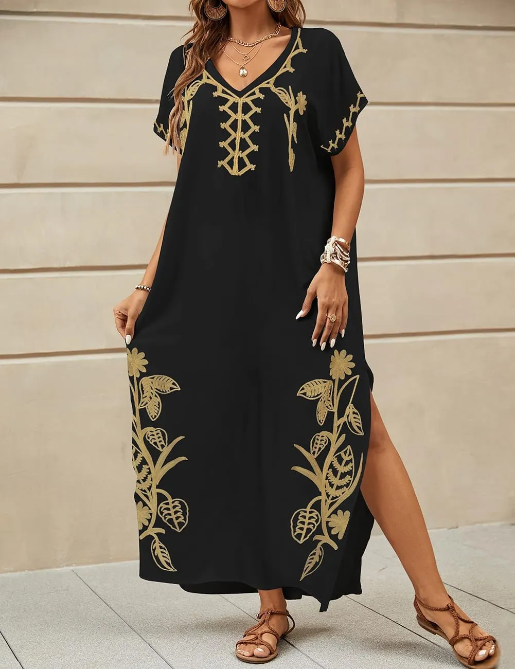 Bsubseach Kaftan Dresses for Women Swimsuit Coverup Beach Caftans Cover Ups for Swimwear Loungewear Floral Embroidery