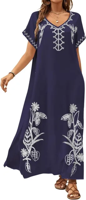 Bsubseach Kaftan Dresses for Women Swimsuit Coverup Beach Caftans Cover Ups for Swimwear Loungewear Floral Embroidery