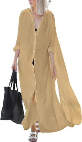 Bsubseach Womens Beach Kaftan Dress Flowy Button Down Long Shirt Dress Kimono Cardigan Lightweight Caftan Swimsuit Cover Up