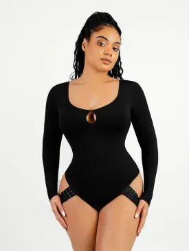 Built In Shapewear Long Sleeve Scoop Neck Thong Bodysuit