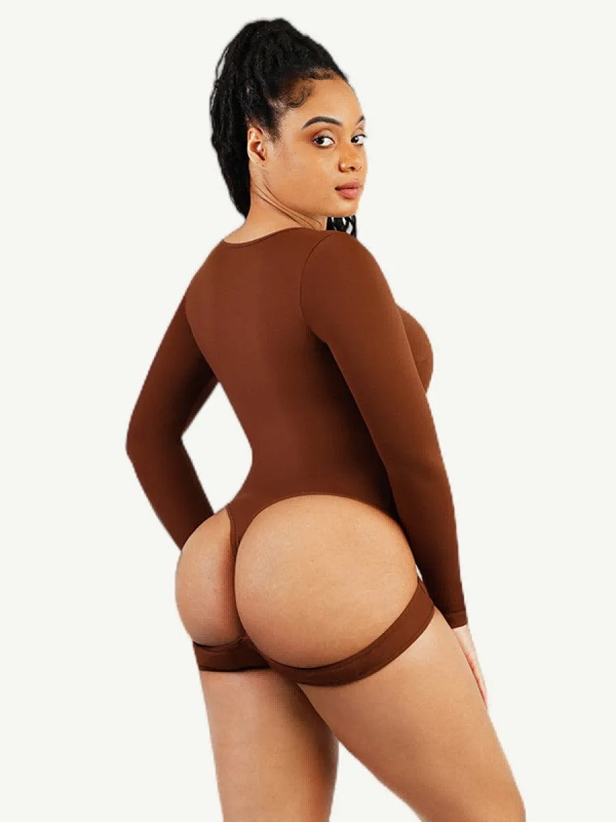Built In Shapewear Long Sleeve Scoop Neck Thong Bodysuit