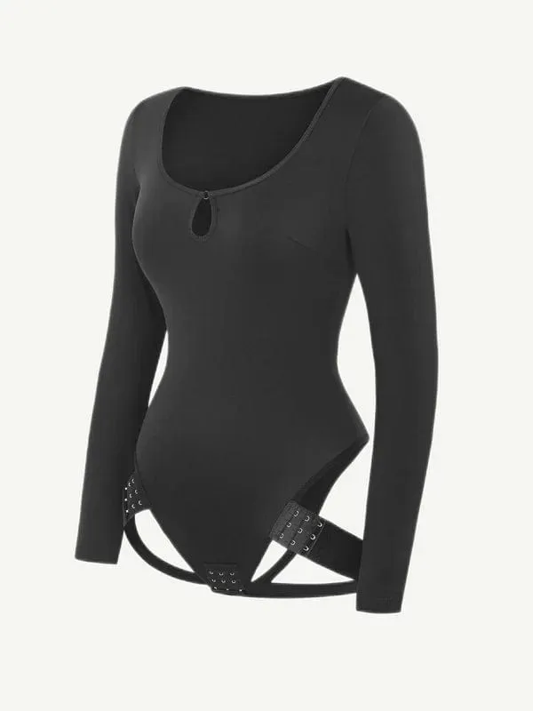 Built In Shapewear Long Sleeve Scoop Neck Thong Bodysuit