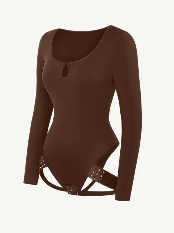 Built In Shapewear Long Sleeve Scoop Neck Thong Bodysuit