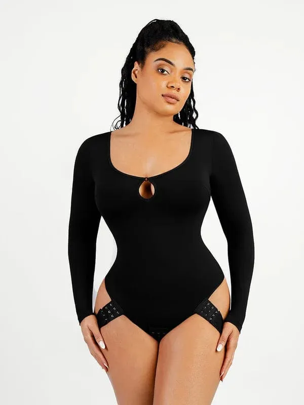Built In Shapewear Long Sleeve Scoop Neck Thong Bodysuit