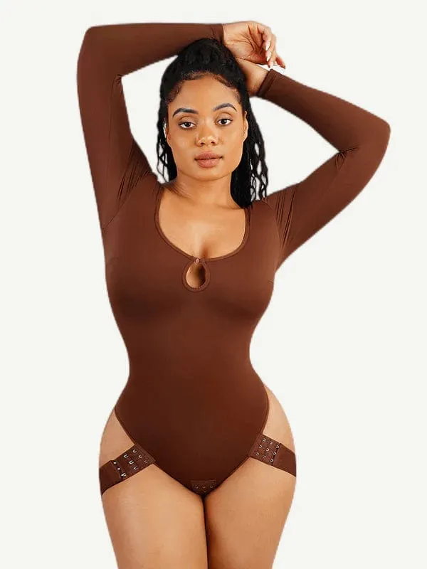 Built In Shapewear Long Sleeve Scoop Neck Thong Bodysuit