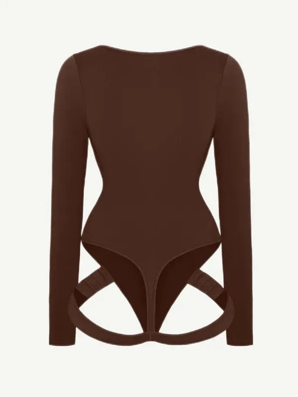 Built In Shapewear Long Sleeve Scoop Neck Thong Bodysuit