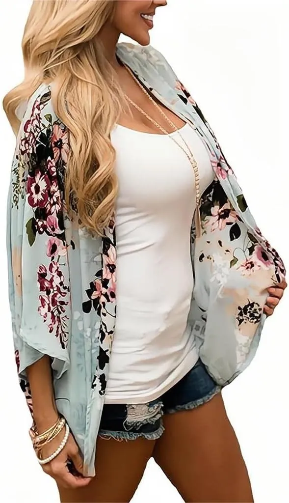 Camisunny Women Chiffon Printed Cardigan Kimono Robe Tops Beach Bikini Cover up Blouse
