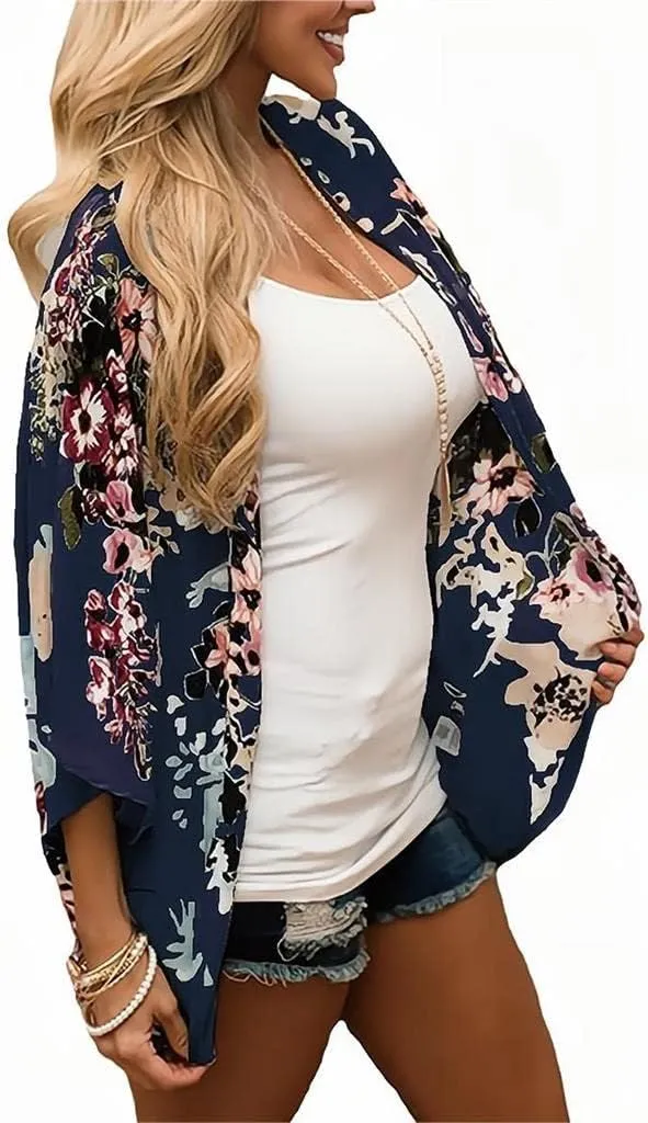 Camisunny Women Chiffon Printed Cardigan Kimono Robe Tops Beach Bikini Cover up Blouse