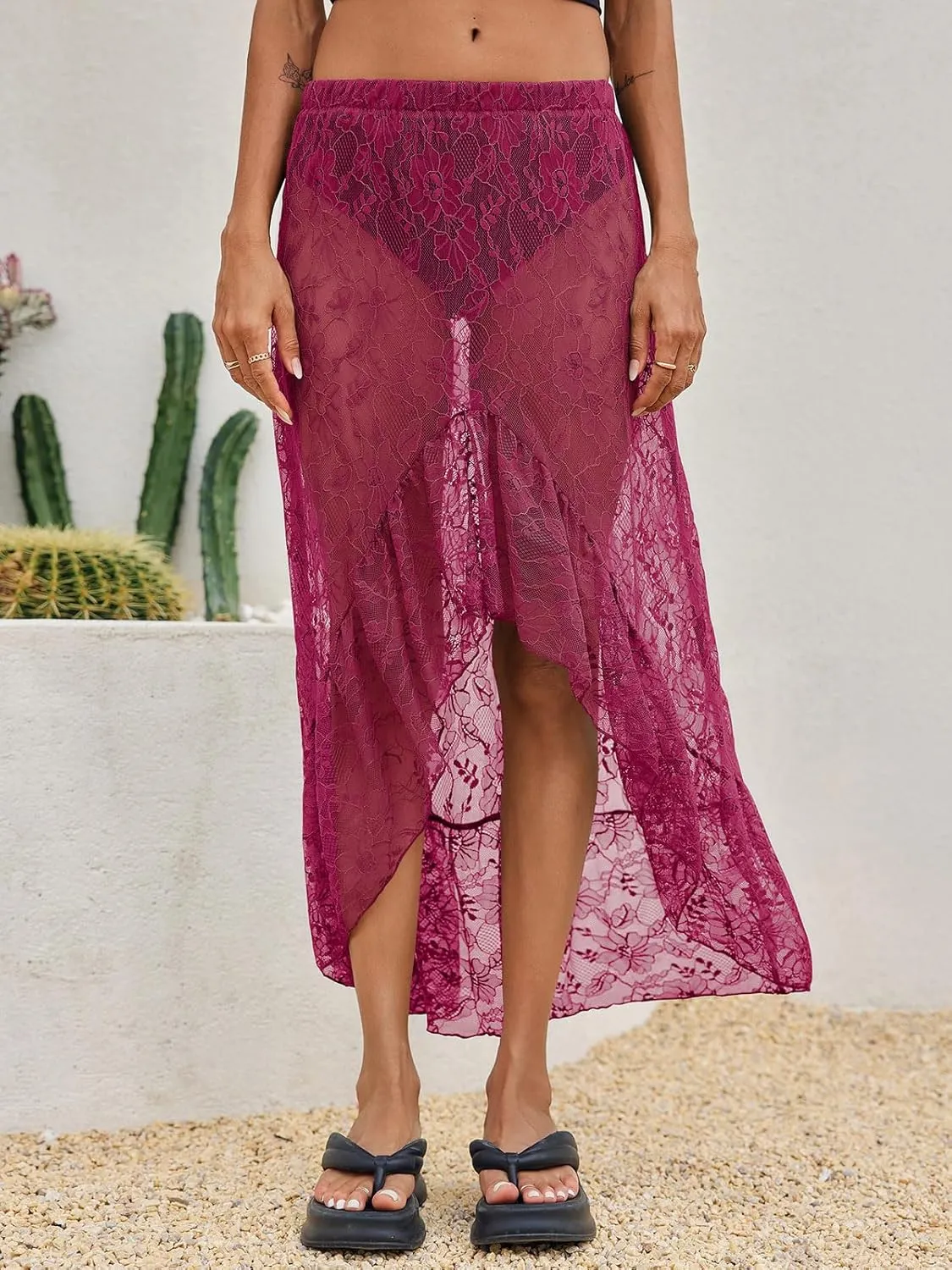 Cicy Bell Womens Lace Maxi Skirt Summer High Low Asymmetrical Sheer Y2K Sexy Beach Cover-up Long Skirts