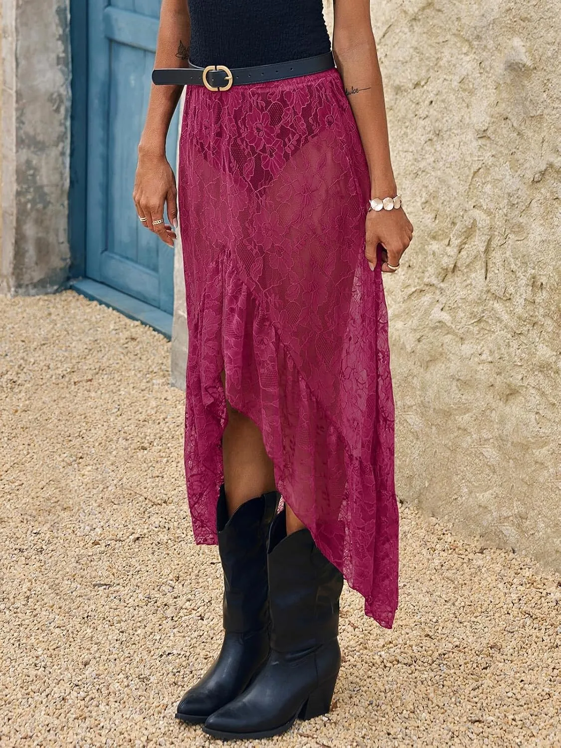 Cicy Bell Womens Lace Maxi Skirt Summer High Low Asymmetrical Sheer Y2K Sexy Beach Cover-up Long Skirts