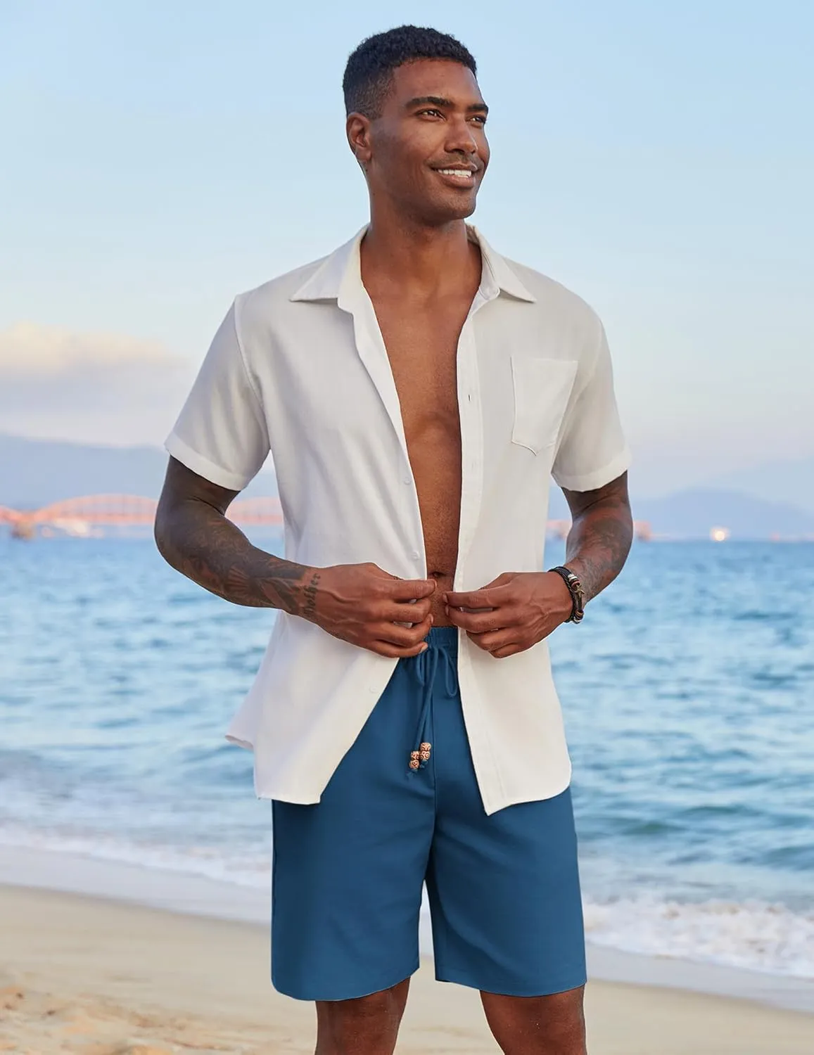 COOFANDY Mens Casual Linen Shorts Elastic Waist Drawstring Loose Fit Summer Beach Vacation Shorts with Pockets